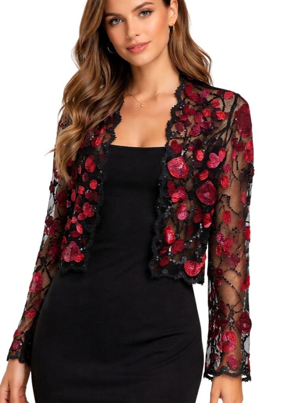 JS Boutique Vintage Black Mixed Media Sequined Mesh Floral Jacket Size 4p